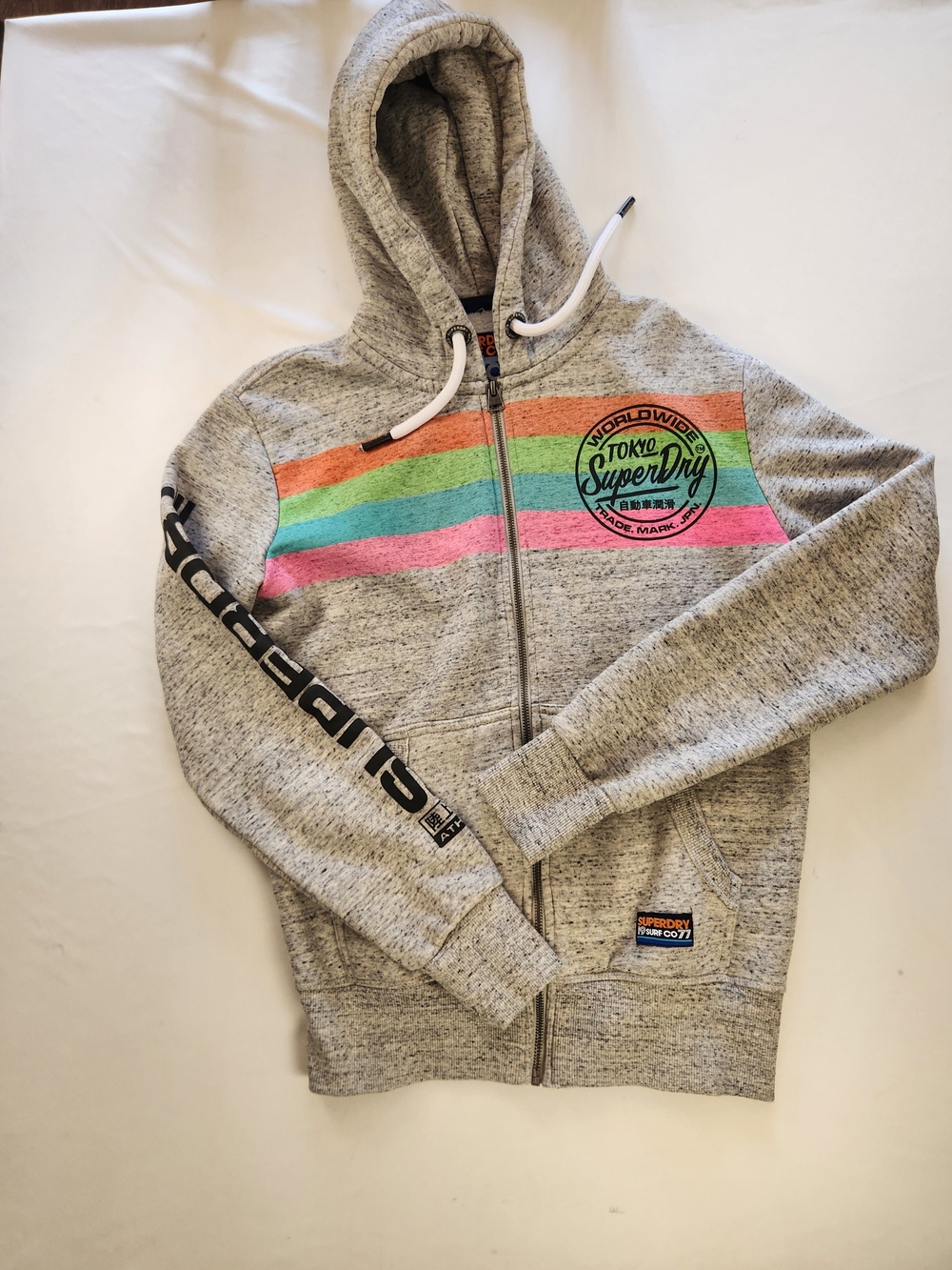 Superdry Men's Grey Zip-Up Hoodie with Color Block Stripes